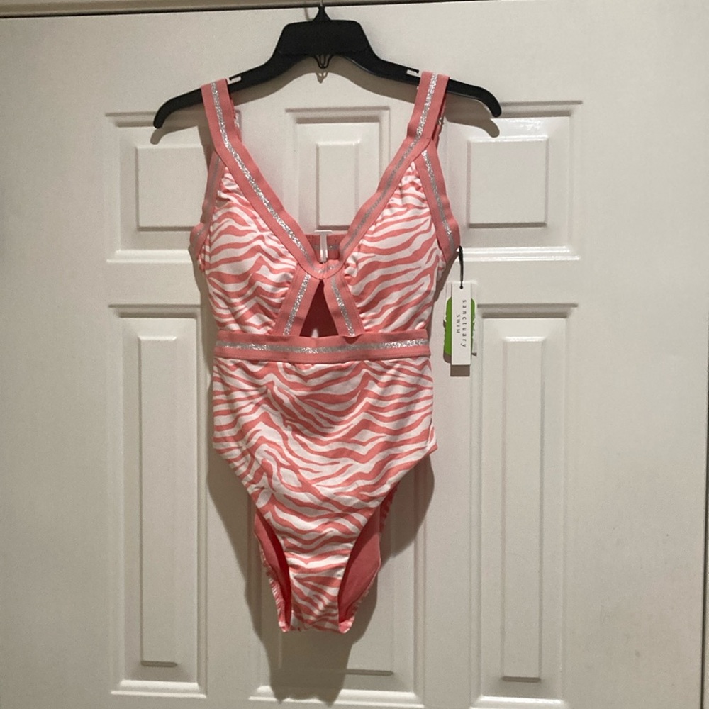 Sanctuary Peach/white  Zebra Print one piece Swimsuit